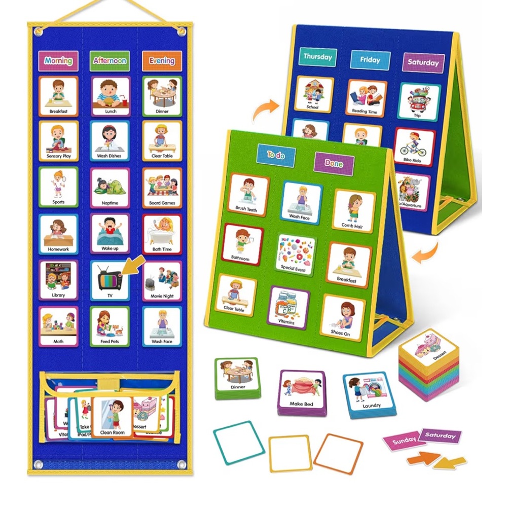 Kids Visual Schedule, Chore Chart with Velcro Dots & Montessori Learning Board